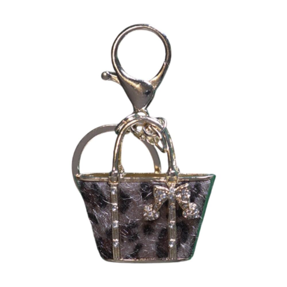 Cheeta Print Gold & Brown Sculptural Handbag Charm Keyring Bow & Rhinestone NWT